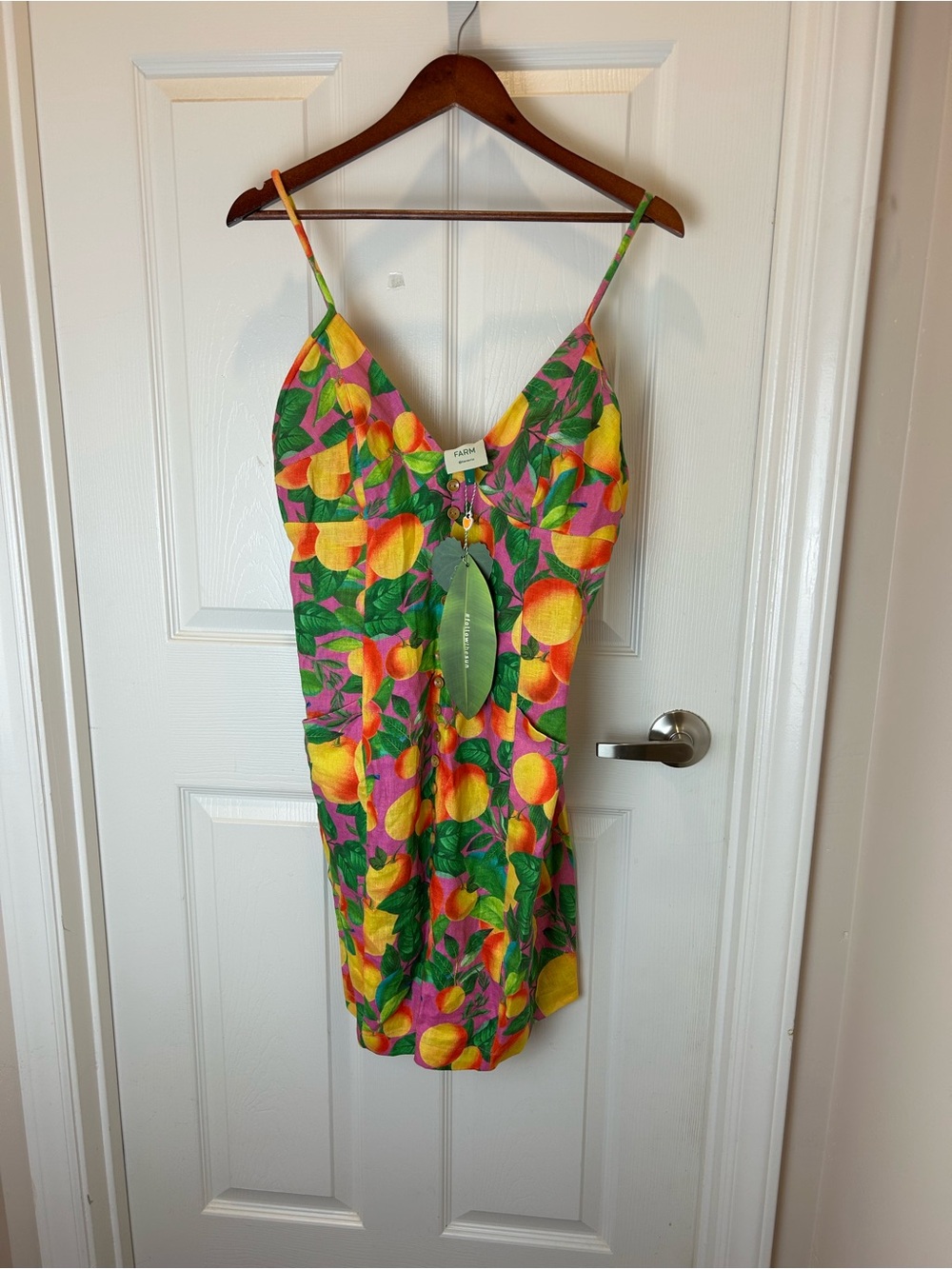NWT ANTHROPOLOGIE FARM RIO PEACH SUNSET LINEN MINI DRESS LARGE - Picture 3 of 14